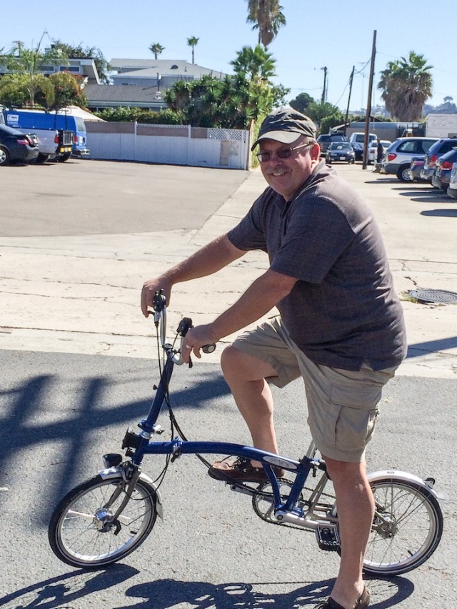 Cruisers are great near Mission Beach, but it was a lot easier climbing the hill behind Metro Cyclery on a six-speed Brompton. This is Bill Tracy's personal commuter, complete with front generator hub and lights.